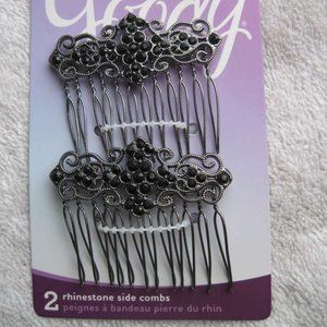 2 Goody Luxe Cecilia Side Combs Fancy Black Rhinestones Swirls Open Teeth Metal